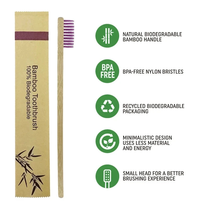 10pcs Bamboo Toothbrushes - Colorful, Reusable & Portable - Soft Wooden Toothbrush for Adults - Ideal for Home, Travel & Hotel