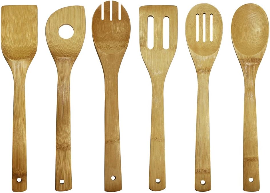 Bamboo Kitchen Utensil Set - 6 Pieces: including Wooden Spoons and Spatulas for Cooking