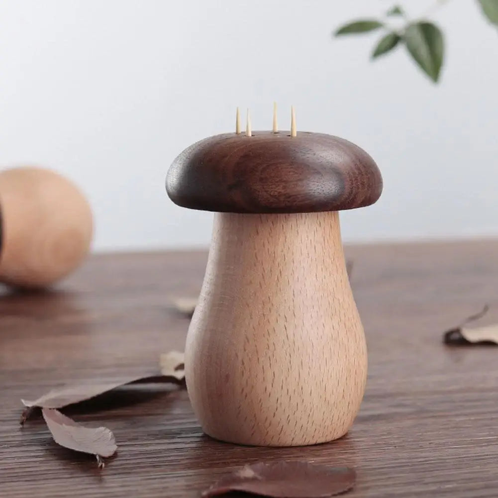 Creative Walnut Wood Mushroom Toothpick Holder Dispenser for Home and Kitchen