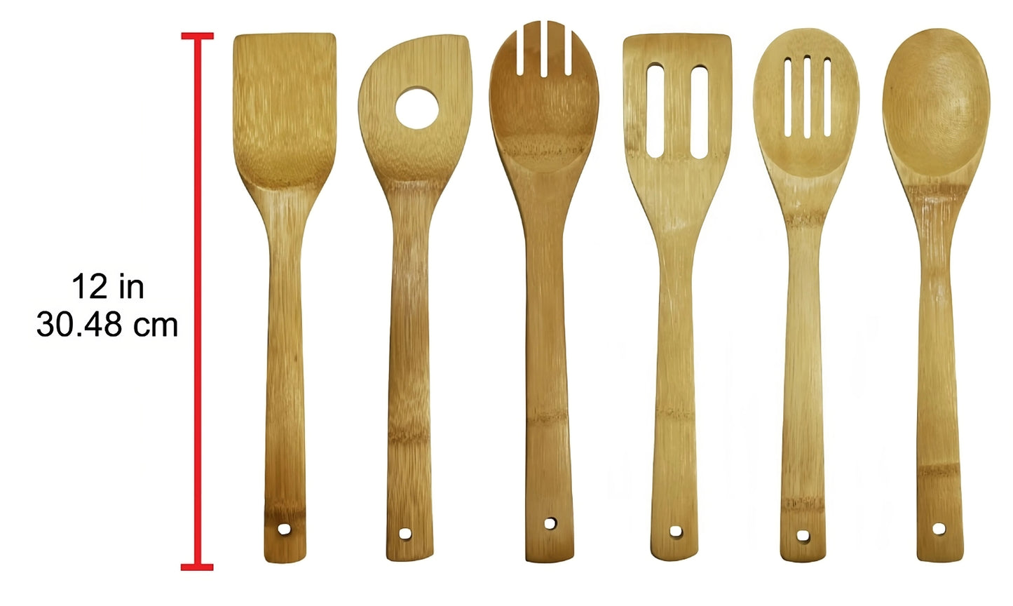 Bamboo Kitchen Utensil Set - 6 Pieces: including Wooden Spoons and Spatulas for Cooking