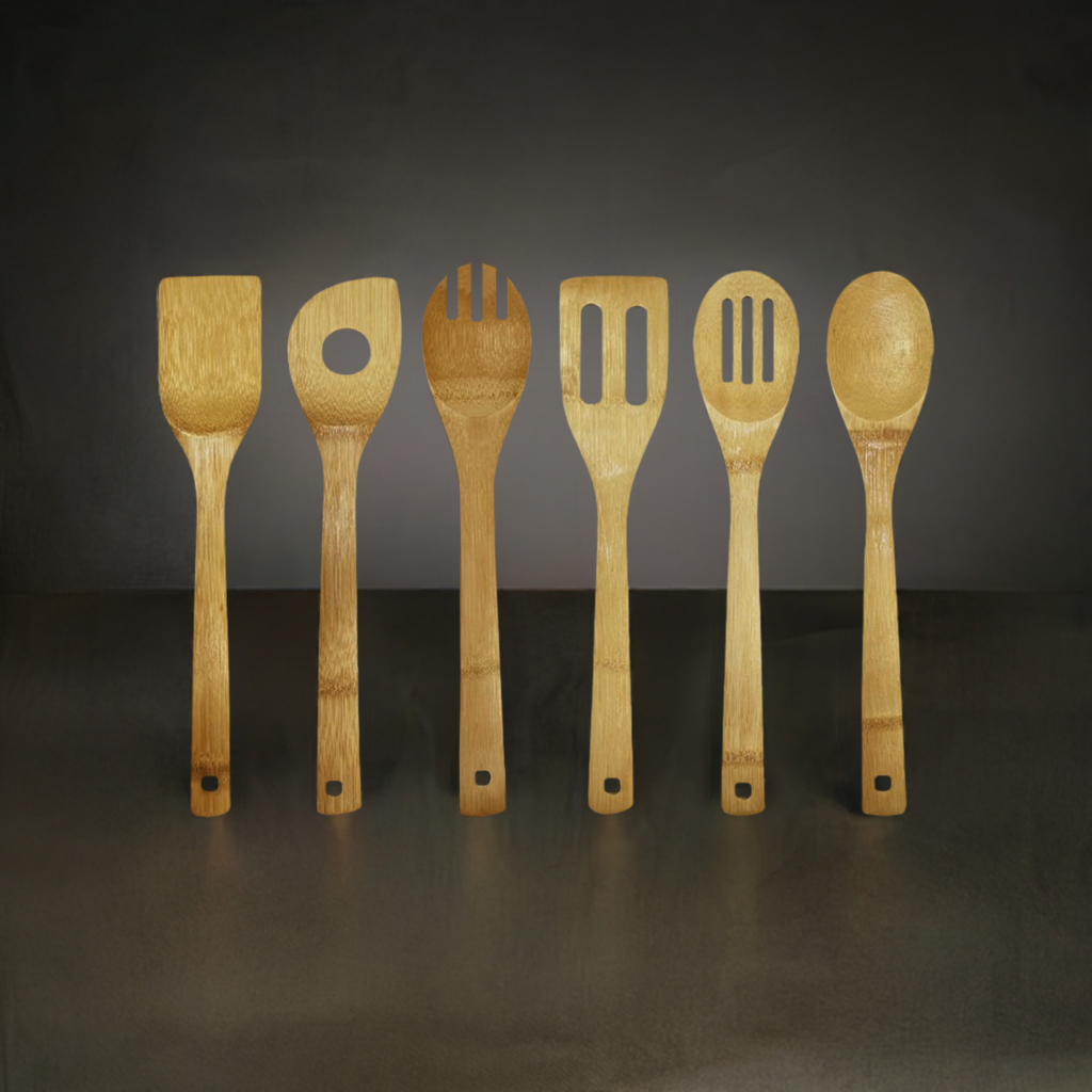 Bamboo Kitchen Utensil Set - 6 Pieces: including Wooden Spoons and Spatulas for Cooking